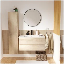 Mob-In Ensemble meuble simple vasque SORRENTO 80cm avec plan céramique, robinet, miroir et colonne