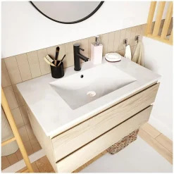Mob-In Ensemble meuble simple vasque SORRENTO 80cm avec plan céramique, robinet, miroir et colonne