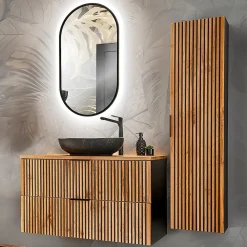 Ensemble Meuble De Salle De Bains|Petits-Meubles Ensemble meuble simple vasque 100cm miroir LED et colonne Gaia Bois et Noir - Vasque Noir