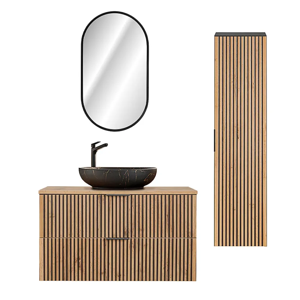Ensemble Meuble De Salle De Bains|Petits-Meubles Ensemble meuble simple vasque 100cm miroir LED et colonne Gaia Bois et Noir - Vasque Noir