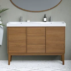 Meuble Vasque|GoodHome Ensemble meuble sous vasque placage bois Kabayan + plan double vasque résine blanc Mila l.120 cm