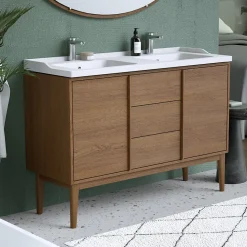 GoodHome Ensemble meuble sous vasque placage bois Kabayan + plan double vasque céramique blanc Lana l.120 cm