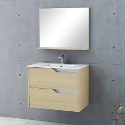 Ensemble Meuble De Salle De Bains|Meuble Vasque| Ensemble meuble sous-vasque 2 tiroirs l. 80 cm + plan vasque + miroir, décor bois, Tolima
