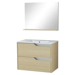 Ensemble Meuble De Salle De Bains|Meuble Vasque| Ensemble meuble sous-vasque 2 tiroirs l. 80 cm + plan vasque + miroir, décor bois, Tolima