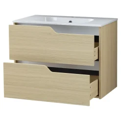 Ensemble Meuble De Salle De Bains|Meuble Vasque| Ensemble meuble sous-vasque 2 tiroirs l. 80 cm + plan vasque + miroir, décor bois, Tolima