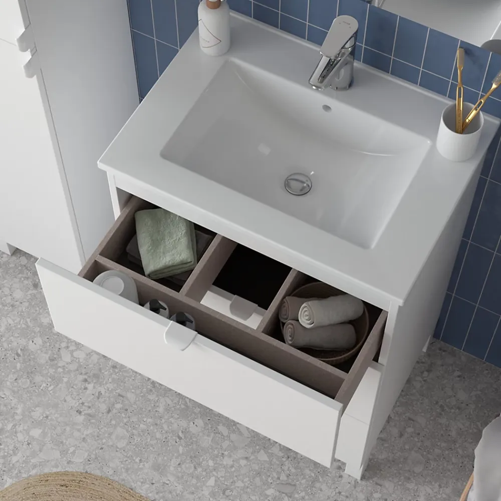 Randal Ensemble meuble vasque blanc mat l.60 cm + plan vasque blanc en céramique + miroir, Otto