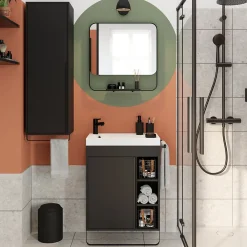 Ensemble Meuble De Salle De Bains|Meuble De Salle De Bains Faible Profondeur|GoodHome Ensemble meuble vasque faible profondeur noir avec porte-serviettes l.65 x H.82 x P.36 cm + plan vasque blanc résine + miroir, Maza