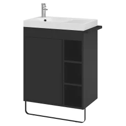 Ensemble Meuble De Salle De Bains|Meuble De Salle De Bains Faible Profondeur|GoodHome Ensemble meuble vasque faible profondeur noir avec porte-serviettes l.65 x H.82 x P.36 cm + plan vasque blanc résine + miroir, Maza