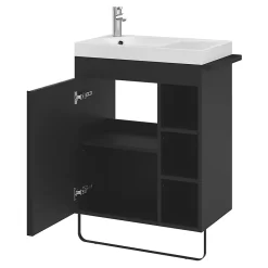 Ensemble Meuble De Salle De Bains|Meuble De Salle De Bains Faible Profondeur|GoodHome Ensemble meuble vasque faible profondeur noir avec porte-serviettes l.65 x H.82 x P.36 cm + plan vasque blanc résine + miroir, Maza