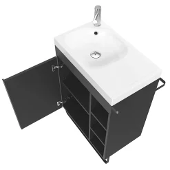 Ensemble Meuble De Salle De Bains|Meuble De Salle De Bains Faible Profondeur|GoodHome Ensemble meuble vasque faible profondeur noir avec porte-serviettes l.65 x H.82 x P.36 cm + plan vasque blanc résine + miroir, Maza