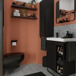 Ensemble Meuble De Salle De Bains|Meuble De Salle De Bains Faible Profondeur|GoodHome Ensemble meuble vasque faible profondeur noir avec porte-serviettes l.65 x H.82 x P.36 cm + plan vasque blanc résine + miroir, Maza