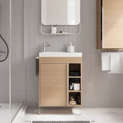 Ensemble Meuble De Salle De Bains|Meuble De Salle De Bains Faible Profondeur|GoodHome Ensemble meuble vasque faible profondeur effet bois avec porte-serviettes l.65 x H.82 x P.36 cm + plan vasque résine blanc + miroir, Maza