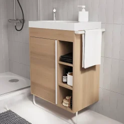 Ensemble Meuble De Salle De Bains|Meuble De Salle De Bains Faible Profondeur|GoodHome Ensemble meuble vasque faible profondeur effet bois avec porte-serviettes l.65 x H.82 x P.36 cm + plan vasque résine blanc + miroir, Maza