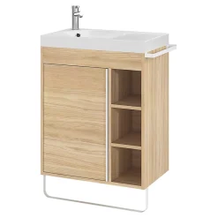 Ensemble Meuble De Salle De Bains|Meuble De Salle De Bains Faible Profondeur|GoodHome Ensemble meuble vasque faible profondeur effet bois avec porte-serviettes l.65 x H.82 x P.36 cm + plan vasque résine blanc + miroir, Maza