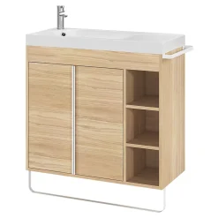 Ensemble Meuble De Salle De Bains|Meuble De Salle De Bains Faible Profondeur|GoodHome Ensemble meuble vasque faible profondeur effet bois avec porte-serviettes l.85 x H.82 x P.36 cm + plan vasque résine blanc + miroir, Maza