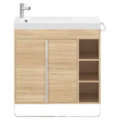 Ensemble Meuble De Salle De Bains|Meuble De Salle De Bains Faible Profondeur|GoodHome Ensemble meuble vasque faible profondeur effet bois avec porte-serviettes l.85 x H.82 x P.36 cm + plan vasque résine blanc + miroir, Maza