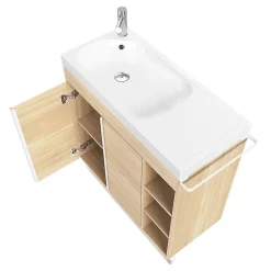 Ensemble Meuble De Salle De Bains|Meuble De Salle De Bains Faible Profondeur|GoodHome Ensemble meuble vasque faible profondeur effet bois avec porte-serviettes l.85 x H.82 x P.36 cm + plan vasque résine blanc + miroir, Maza
