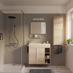 Ensemble Meuble De Salle De Bains|Meuble De Salle De Bains Faible Profondeur|GoodHome Ensemble meuble vasque faible profondeur effet bois avec porte-serviettes l.85 x H.82 x P.36 cm + plan vasque résine blanc + miroir, Maza