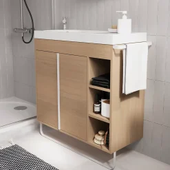 Ensemble Meuble De Salle De Bains|Meuble De Salle De Bains Faible Profondeur|GoodHome Ensemble meuble vasque faible profondeur effet bois avec porte-serviettes l.85 x H.82 x P.36 cm + plan vasque résine blanc + miroir, Maza