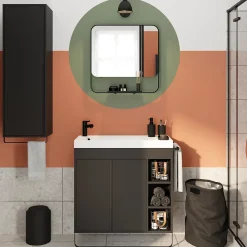 GoodHome Ensemble meuble vasque faible profondeur noir avec porte-serviettes l.85 x H.82 x P.36 cm + plan vasque blanc résine + miroir, Maza