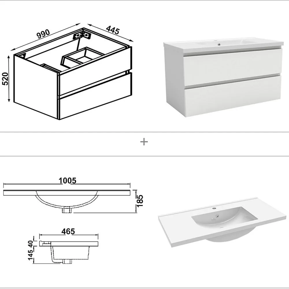 AICA Sanitaire Ensemble meuble vasque L.100cm blanc 2 tiroirs + lavabo + colonne