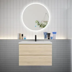Ensemble Meuble De Salle De Bains|AICA Sanitaire Ensemble meuble vasque L.80cm 2 tiroirs + lavabo + LED miroir rond 80cm,chêne