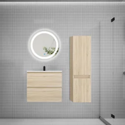 Ensemble Meuble De Salle De Bains|AICA Sanitaire Ensemble meuble vasque L.60cm 2 tiroirs + lavabo + LED miroir rond 60cm + colonne,chêne easy