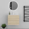 AICA Sanitaire Ensemble meuble vasque L.60cm 2 tiroirs + lavabo + LED miroir rond 60cm,chêne,modèle A