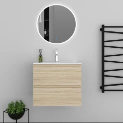 AICA Sanitaire Ensemble meuble vasque L.60cm 2 tiroirs + lavabo + LED miroir rond 60cm,chêne,modèle A