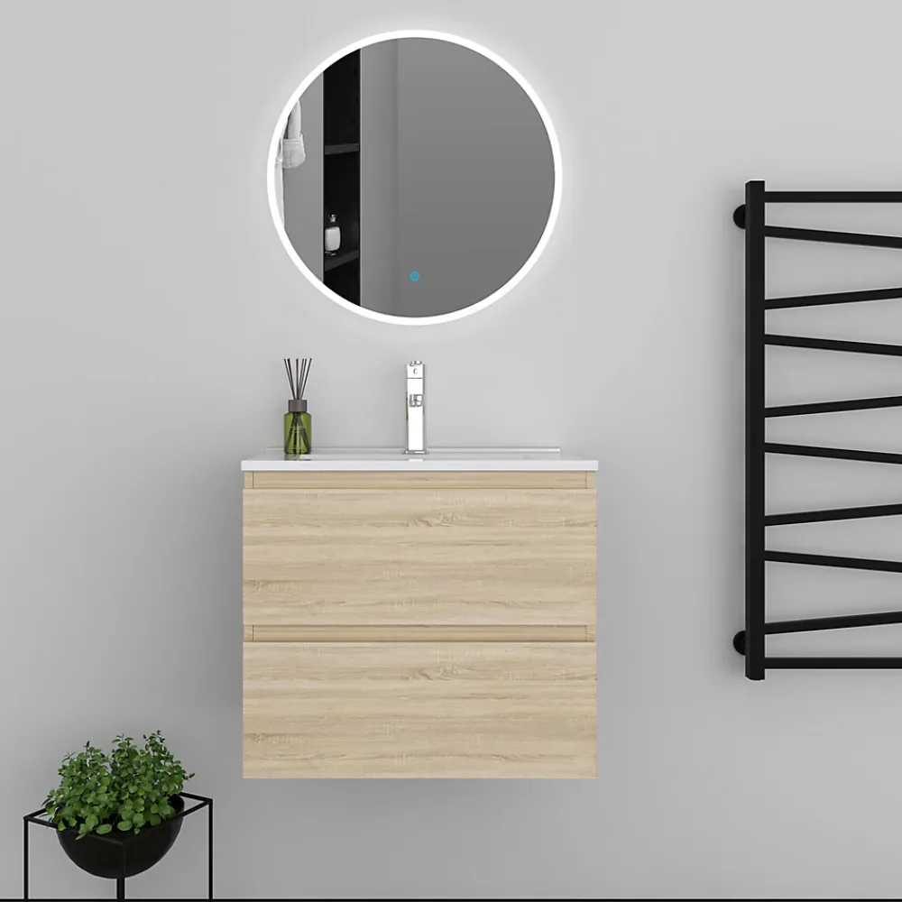 AICA Sanitaire Ensemble meuble vasque L.60cm 2 tiroirs + lavabo + LED miroir rond 60cm,chêne,modèle A