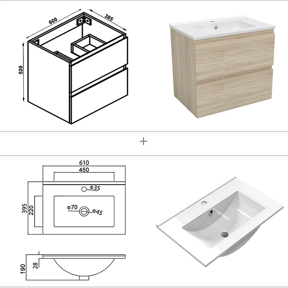 AICA Sanitaire Ensemble meuble vasque L.60cm 2 tiroirs + lavabo + LED miroir rond 60cm,chêne,modèle A