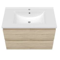 AICA Sanitaire Ensemble meuble vasque L.80cm chêne 2 tiroirs + lavabo + colonne
