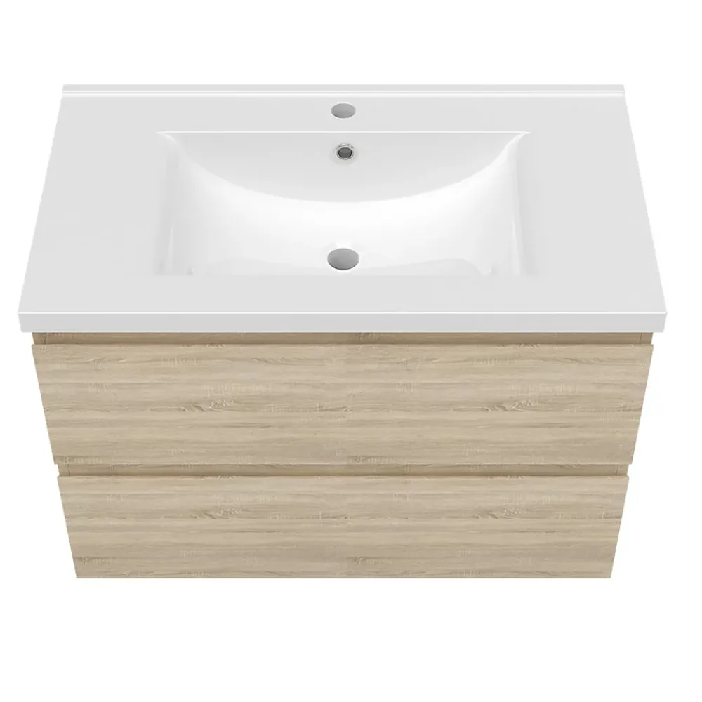 AICA Sanitaire Ensemble meuble vasque L.80cm chêne 2 tiroirs + lavabo + colonne