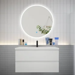 AICA Sanitaire Ensemble meuble vasque L.100cm 2 tiroirs + lavabo + LED miroir rond 90cm,blanc,easy