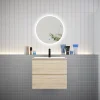 AICA Sanitaire Ensemble meuble vasque L.60cm 2 tiroirs + lavabo + LED miroir rond 60cm,chêne