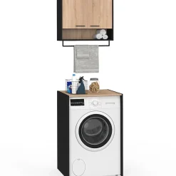 Armoire De Salle De Bains|IDMarket Ensemble meubles de buanderie WALLIS noir et bois façon hêtre pour machine à laver