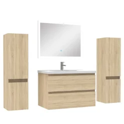 AICA Sanitaire Ensemble meubles Salle de Bain 80cm vasque + colonne x2 + LED miroir Chêne Wotan