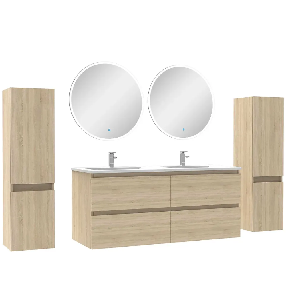AICA Sanitaire Ensemble meubles Salle de Bain avec colonne + miroir rond mural 120cm meuble Chêne Wotan