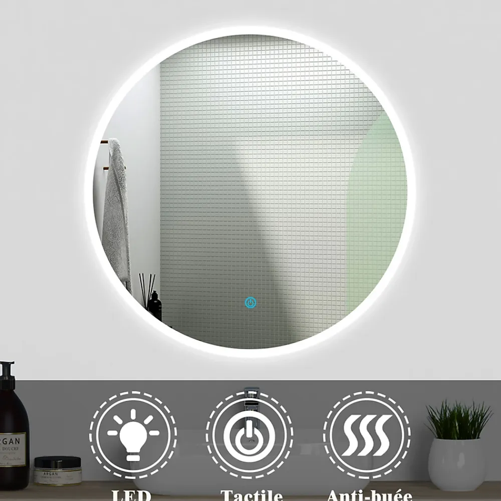 AICA Sanitaire Ensemble meubles Salle de Bain avec colonne + miroir rond mural 120cm meuble Chêne Wotan