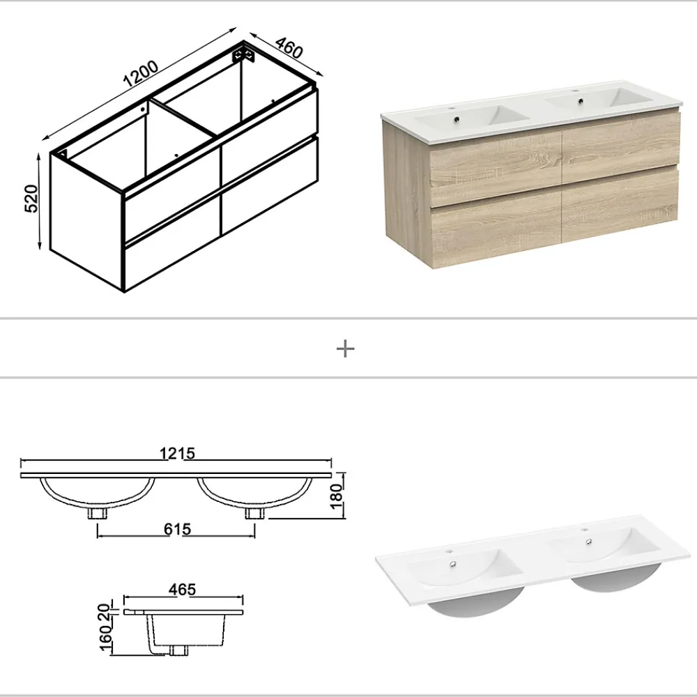 AICA Sanitaire Ensemble meubles Salle de Bain avec colonne + miroir rond mural 120cm meuble Chêne Wotan