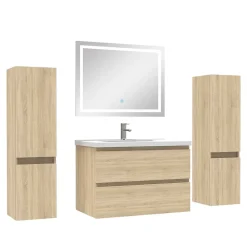 Ensemble Meuble De Salle De Bains|AICA Sanitaire Ensemble meubles Salle de Bain 80cm simple vasque + colonne + miroir lumineux Chêne Wotan