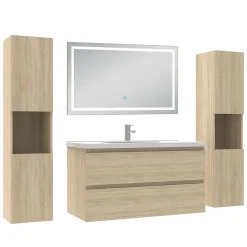 Ensemble Meuble De Salle De Bains|AICA Sanitaire Ensemble meubles Salle de Bain 100cm avec colonne et miroir lumineux 3 couleurs et dimmable Chêne Wotan