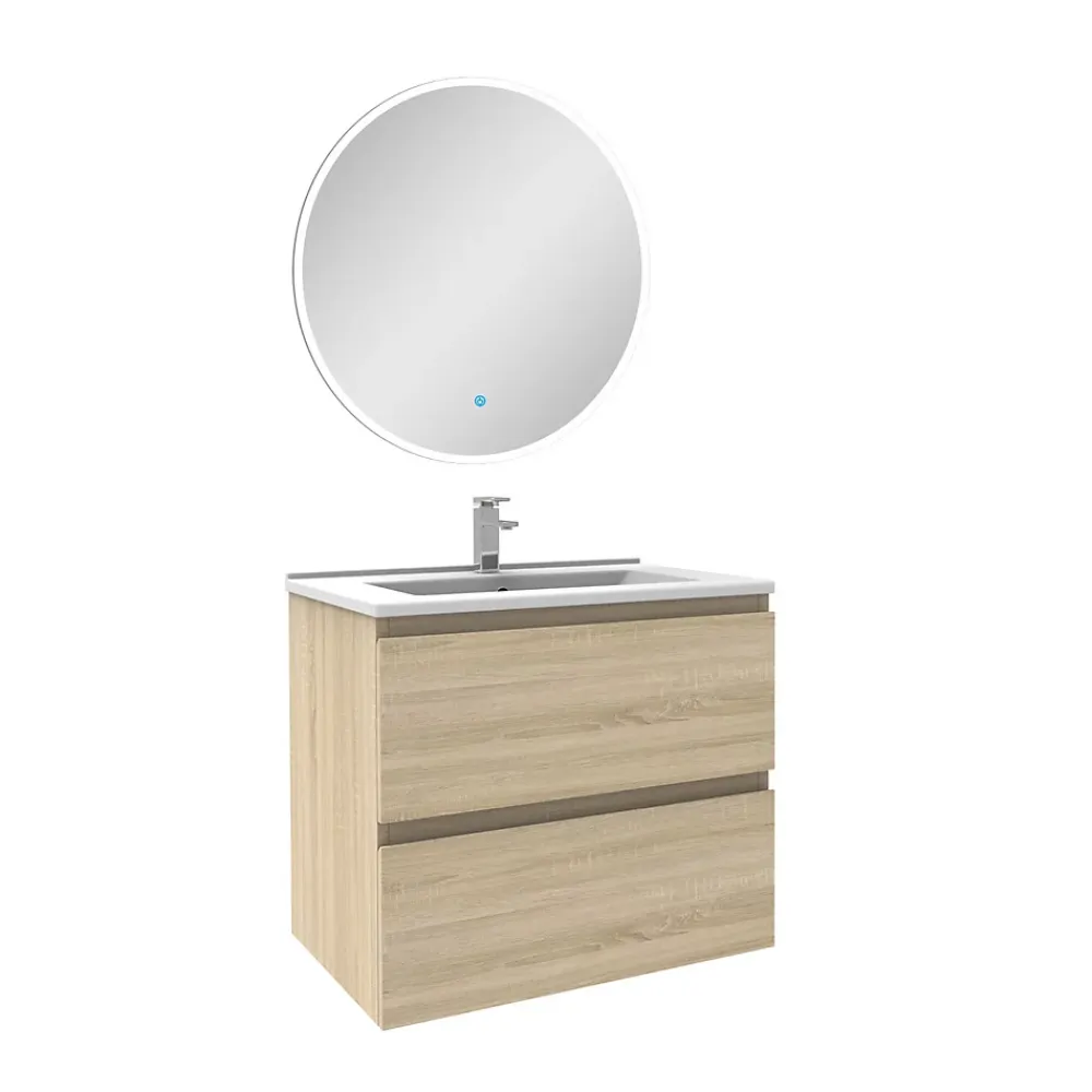 AICA Sanitaire Ensemble meubles Salle de Bain Chêne Wotan 60cm simple vasque + miroir lumineux rond