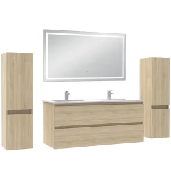 AICA Sanitaire Ensemble meubles Salle de Bain 120cm avec colonne et miroir lumineux 3 couleurs Chêne Wotan