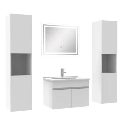 AICA Sanitaire Ensemble meubles Salle de Bain simple vasque 60cm, colonne x2 et miroir Blanc