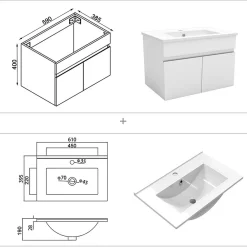AICA Sanitaire Ensemble meubles Salle de Bain simple vasque 60cm, colonne x2 et miroir Blanc