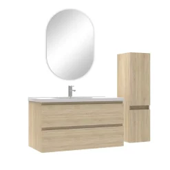 Ensemble Meuble De Salle De Bains|AICA Sanitaire Ensemble meubles Salle de Bain 100cm vasque + colonne + miroir ovale Chêne Wotan