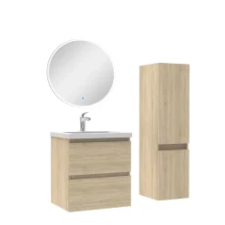 AICA Sanitaire Ensemble meubles Salle de Bain 50cm vasque + colonne + miroir rond lumineux Chêne Wotan