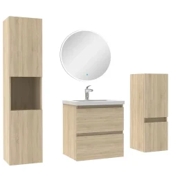 AICA Sanitaire Ensemble meubles Salle de Bain 50cm simple vasque + colonne + miroir rond mural Chêne Wotan