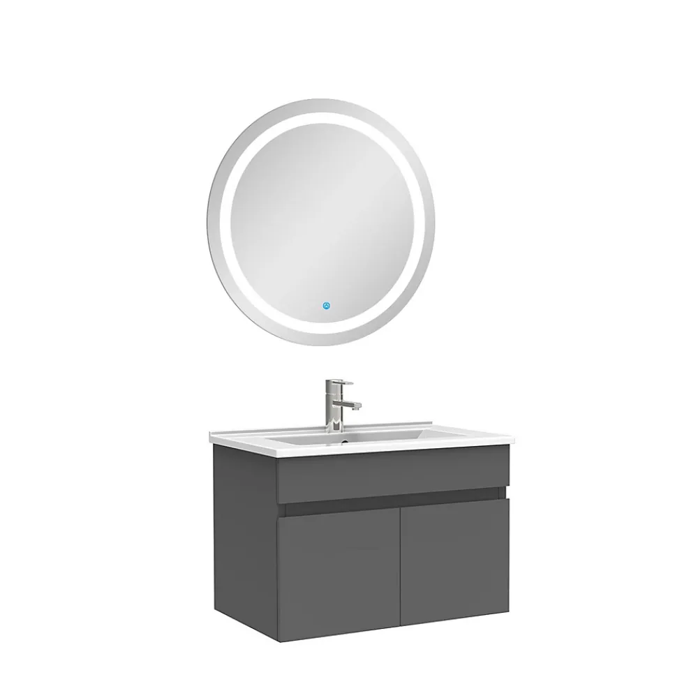 Ensemble Meuble De Salle De Bains|AICA Sanitaire Ensemble meubles Salle de Bain simple vasque 60cm + rond miroir lumineux Anthracite